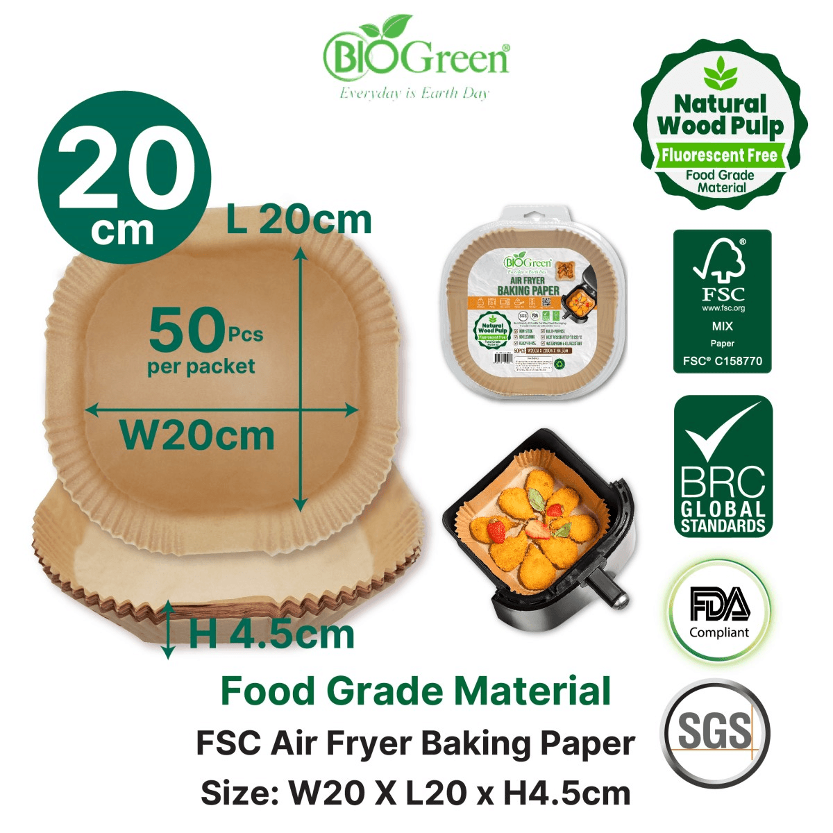 BIOGREEN Airfryerpapir 20x20cm, 50stk