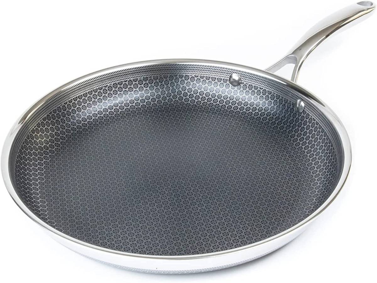 HexClad Hybride koekenpan met antiaanbaklaag van 30 cm met deksel van gehard glas, koel handvat, vaatwasser- en ovenbestendig, compatibel met alle kookplaten